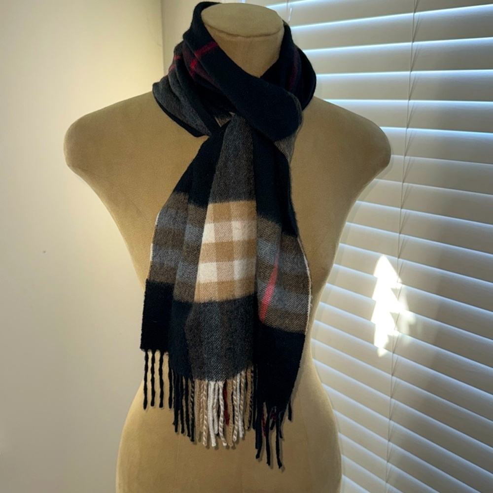 Burberry Classic Check Plaid 100% Cashmere Scarf Black White Beige 72" x 12.5"